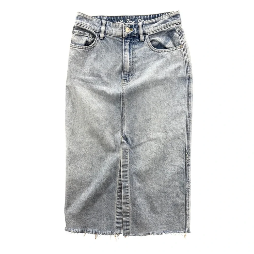 We‎ The Free Womens Wilshire Denim Midi Skirt Size 27 Blue Raw Hem Blue Boho